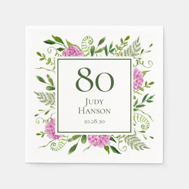 80th Birthday Pink Hydrangeas Napkin (Front)