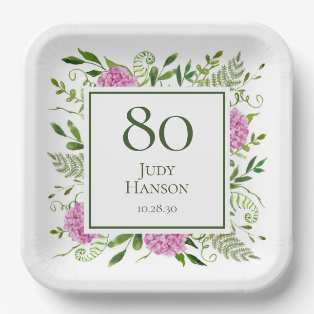 80th Birthday Pink Hydrangeas Paper Plate (Front)