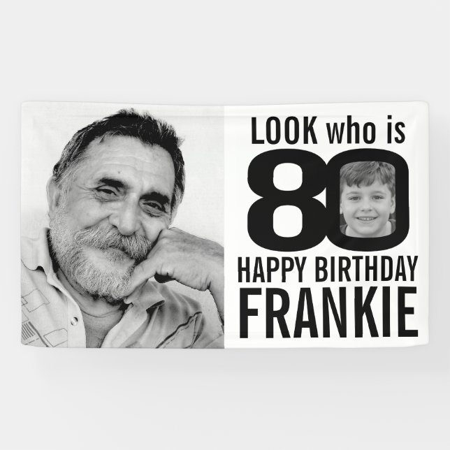 80th birthday pink look 80 custom photo now then banner (Horizontal)