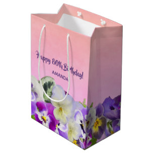 80th Birthday pink purple florals monogram name Medium Gift Bag