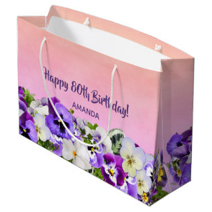 80th Birthday pink purple forals monogram Large Gift Bag