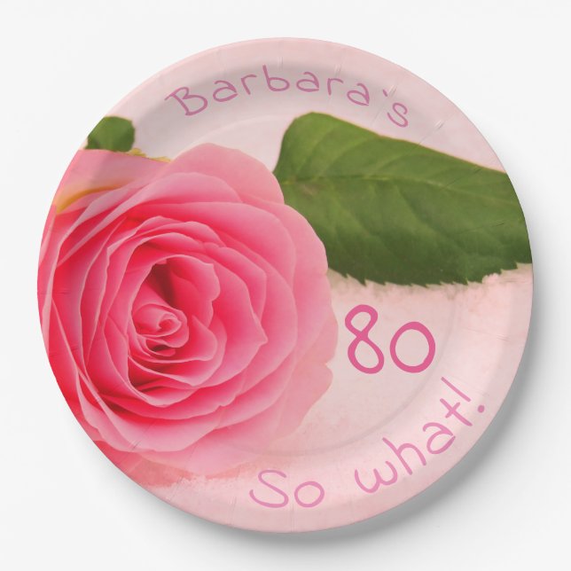 80th Birthday Pink Rose Custom Name Motivational Paper Plate (Front)