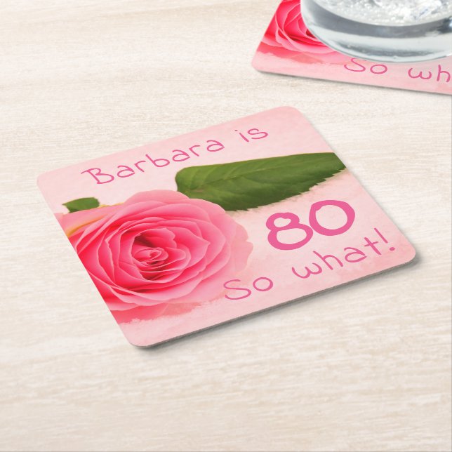 80th Birthday Pink Rose Name Inspirational Square Paper Coaster (Angled)