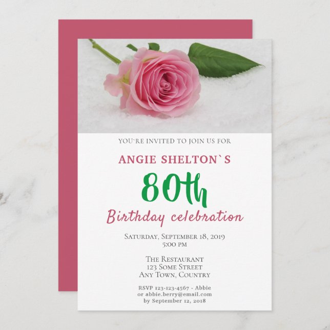 80th Birthday PInk Rose Photo Floral Birthday Invitation (Front/Back)