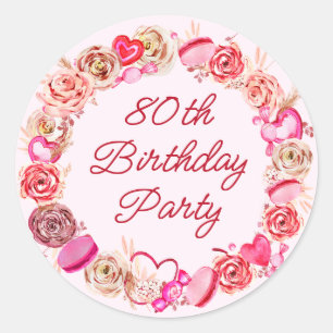 80th Birthday Pink Rose Swirly Heart Envelope Classic Round Sticker