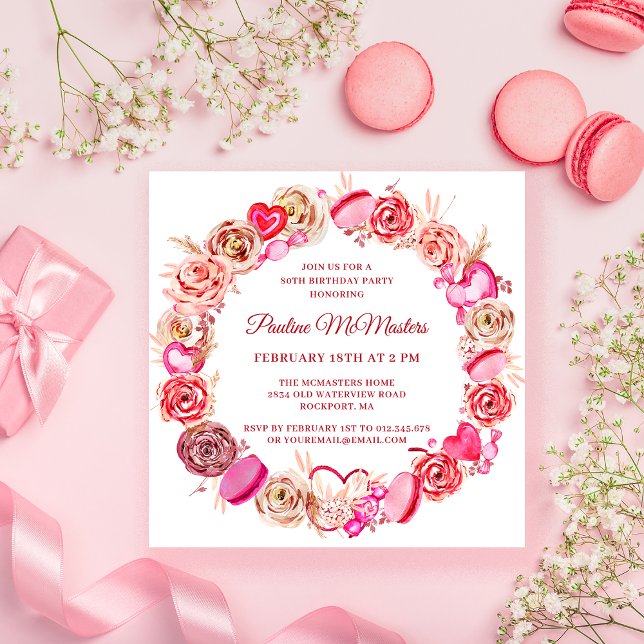 80th Birthday Pink Rose Swirly Heart Valentine Invitation (Creator Uploaded)
