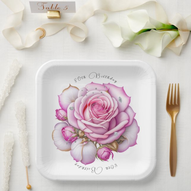80th Birthday Pink Roses and Sparkling Diamonds Paper Plate (Wedding)