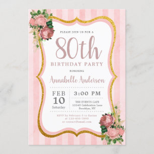 80th Birthday Pink Stripe Floral Gold Glitter Chic Invitation