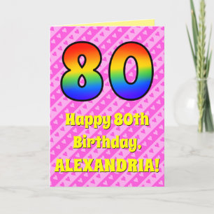 80th Birthday: Pink Stripes & Hearts, Rainbow # 80 Card