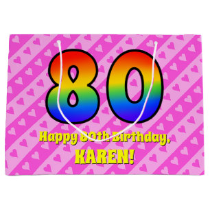 80th Birthday: Pink Stripes & Hearts, Rainbow # 80 Large Gift Bag