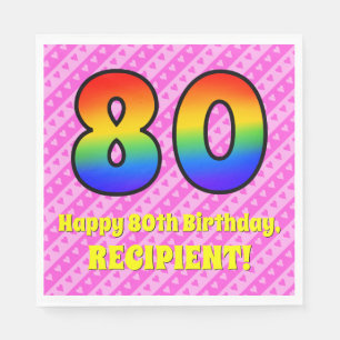 80th Birthday: Pink Stripes & Hearts, Rainbow # 80 Napkin