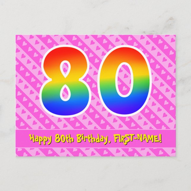 80th Birthday: Pink Stripes & Hearts, Rainbow 80 Postcard (Front)