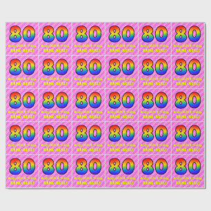 80th Birthday: Pink Stripes & Hearts, Rainbow # 80 Wrapping Paper