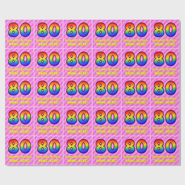80th Birthday: Pink Stripes & Hearts, Rainbow # 80 Wrapping Paper (Flat)