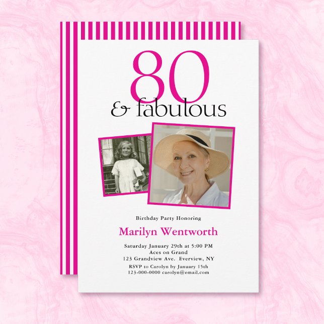 80th Birthday Pink Typography 2 Photo Invitation (Creator Uploaded)