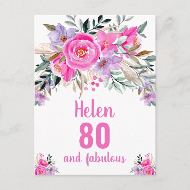 80th birthday pink watercolor floral card (Front)