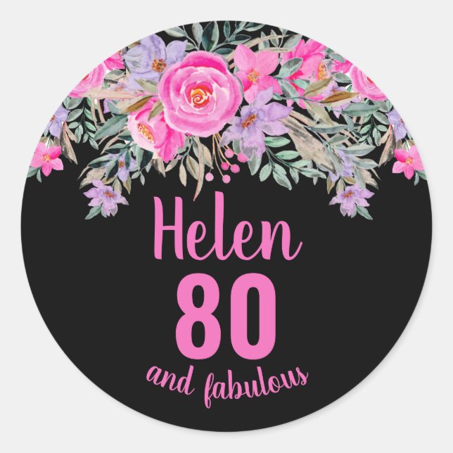 80th birthday pink watercolor floral classic round sticker (Front)