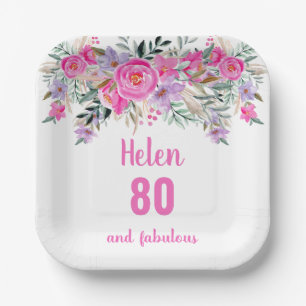 80th birthday pink watercolor floral  paper plate