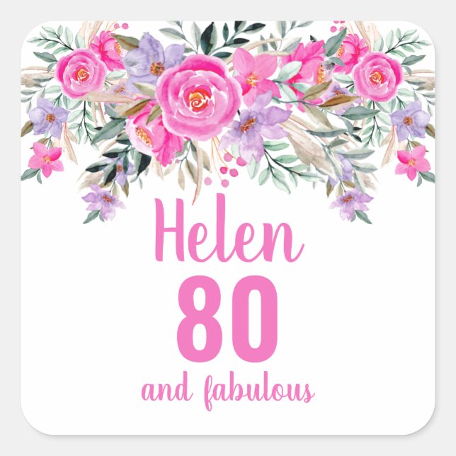80th birthday pink watercolor floral square sticker (Front)