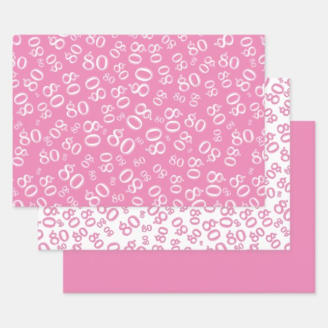 80th Birthday Pink & White Number Pattern 80 Wrapping Paper Sheet (Set)