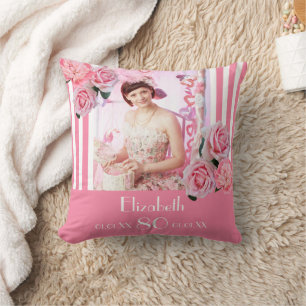 80th birthday pink white stripes floral photo cushion