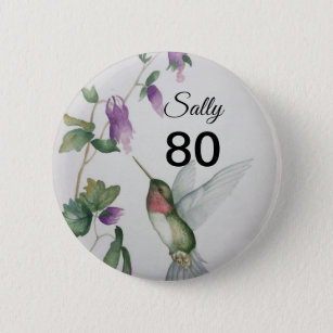 80th Birthday Pretty Huumingbird Garden Button
