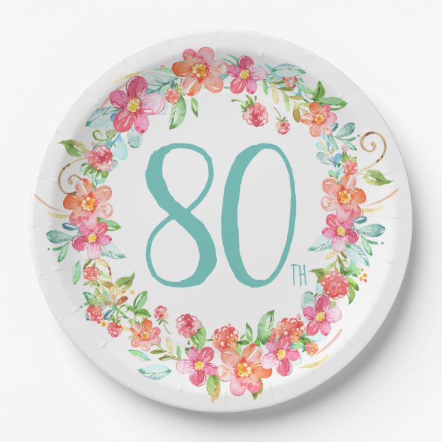 80th birthday pretty watercolor floral party paper plate (Front)