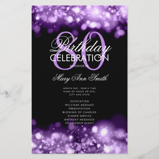 80th Birthday Program Glam Lights Purple Menu  (Front)