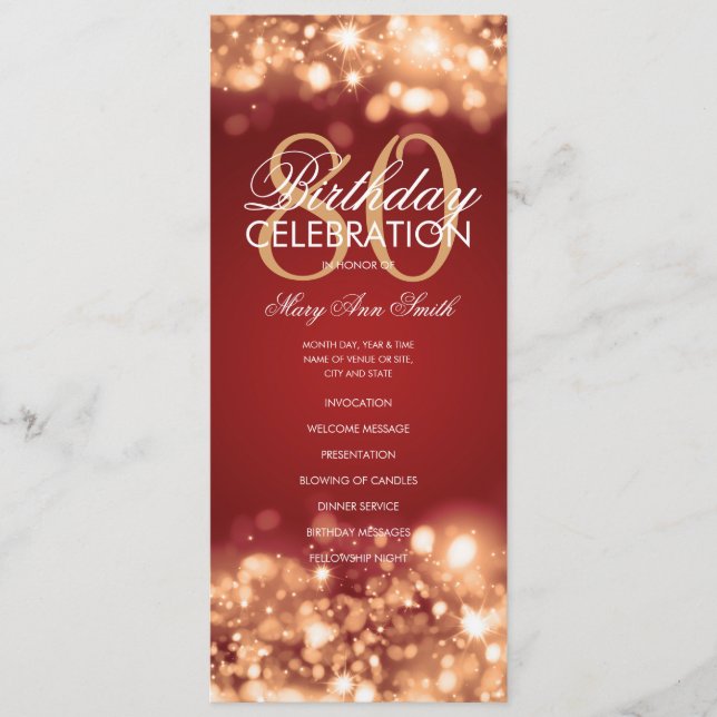 80th Birthday Program Glam Lights Red Gold w/ Menu (Front)
