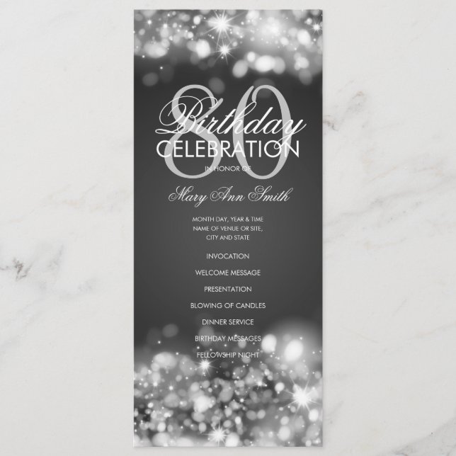 80th Birthday Program Glam Lights Silver Menu (Front)