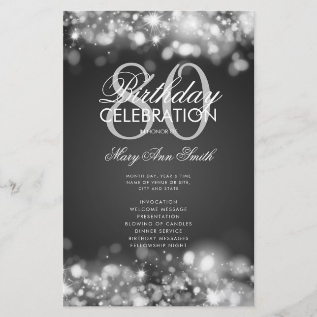 80th Birthday Program Glam Lights Silver Menu  (Front)