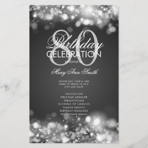80th Birthday Program Glam Lights Silver Menu