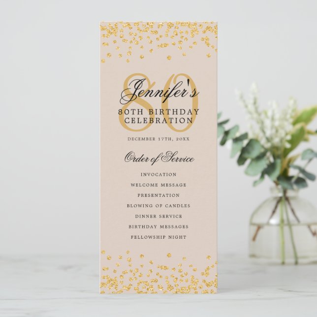 80th Birthday Program Gold Confetti Menu Champagne Invitation (Standing Front)