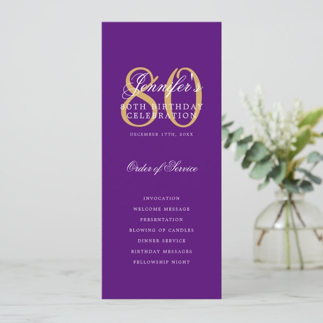 80th Birthday Program Gold Purple Thank You Invitation (Standing Front)