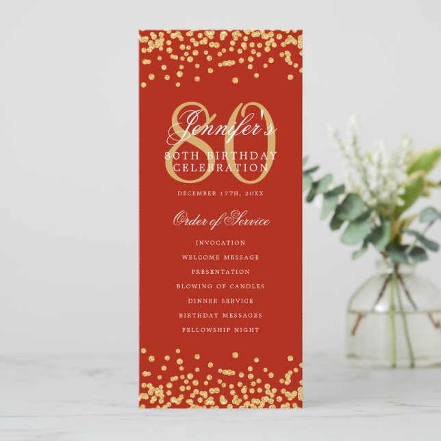 80th Birthday Program Gold Red Confetti Invitation (Standing Front)