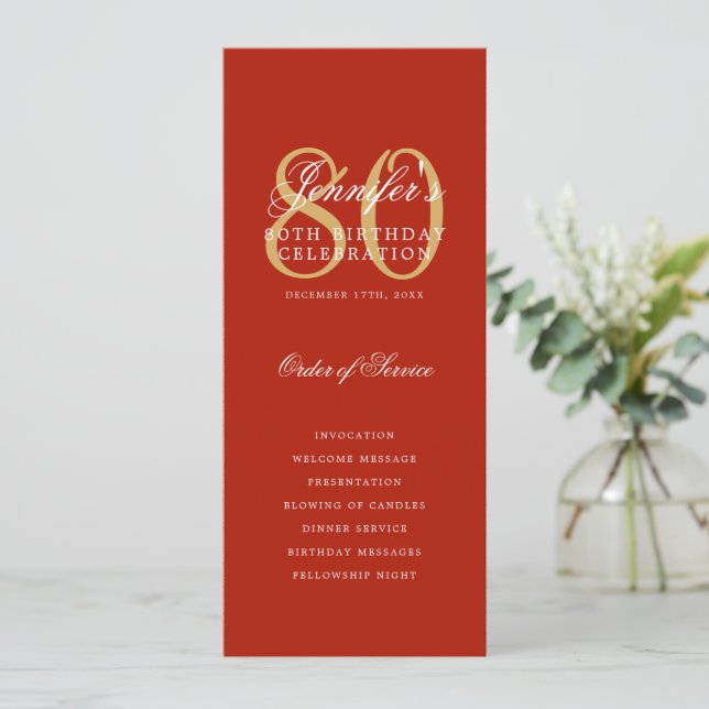 80th Birthday Program Gold Red Thank You Invitation (Standing Front)