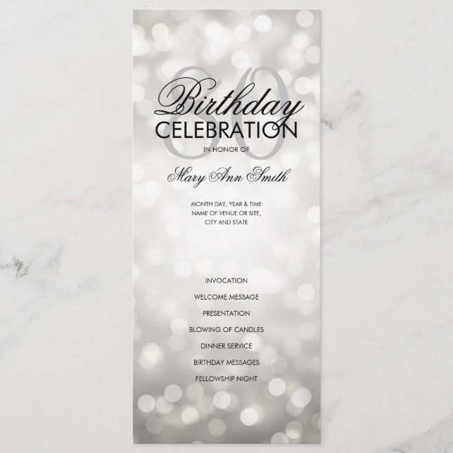 80th Birthday Program Lights Silver Menu (Front)