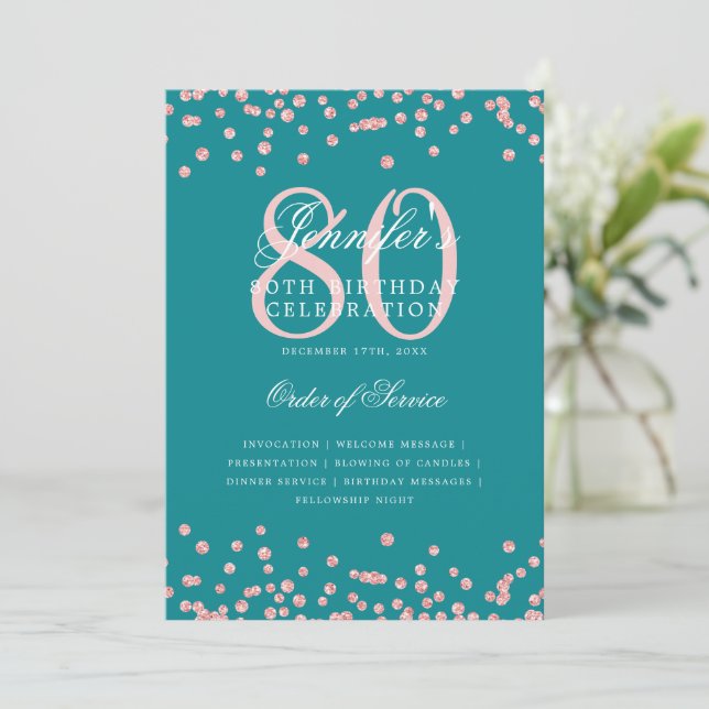 80th Birthday Program Menu Rose Gold Turquoise  Invitation (Standing Front)