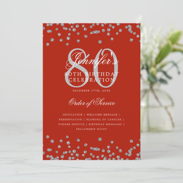 80th Birthday Program Menu Silver Red  Invitation (Standing Front)