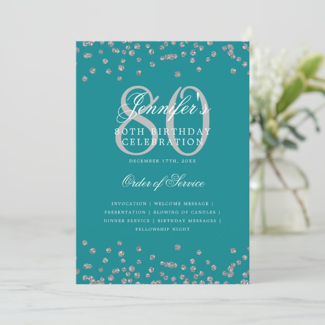 80th Birthday Program Menu Silver Turquoise Invitation (Standing Front)