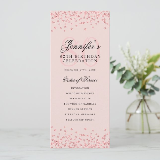 80th Birthday Program Menu Thanks Rose Gold Blush Invitation (Standing Front)