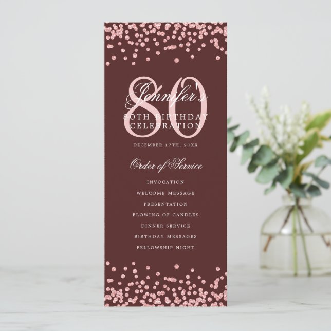 80th Birthday Program Rose Gold Confetti Burgundy Invitation (Standing Front)