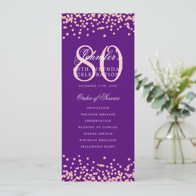 80th Birthday Program Rose Gold Confetti Purple  Invitation (Standing Front)