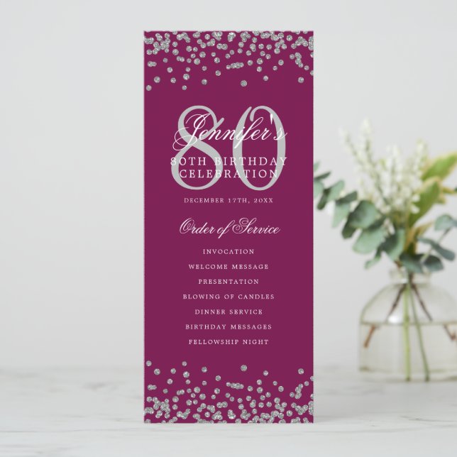 80th Birthday Program Silver Confetti Menu Magenta Invitation (Standing Front)