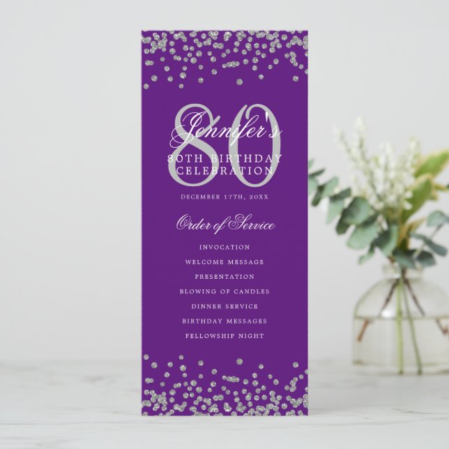 80th Birthday Program Silver Confetti Purple  Invitation (Standing Front)