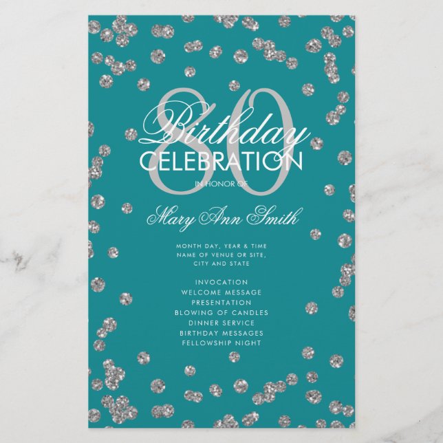 80th Birthday Program Silver Teal Glitter Menu (Front)