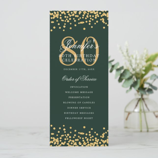 80th Birthday Program Thanks Gold Green  Invitation (Standing Front)