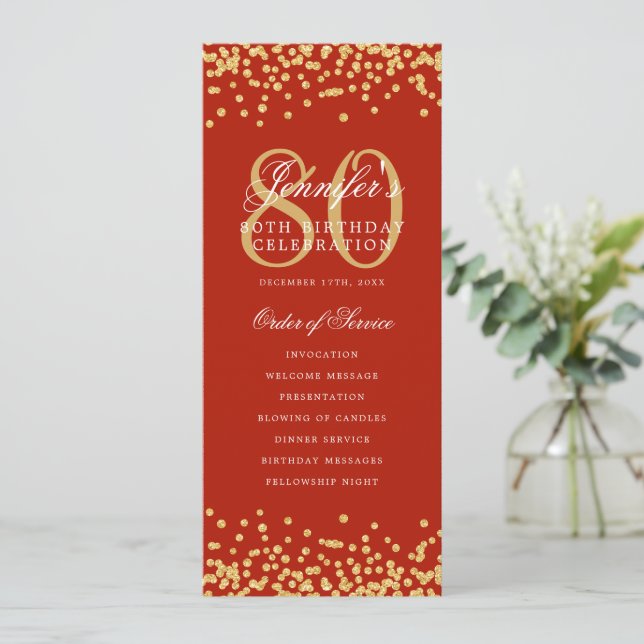 80th Birthday Program Thanks Gold Red  Invitation (Standing Front)