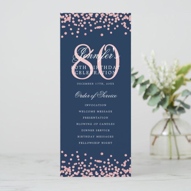 80th Birthday Program Thanks Rose Gold Navy Blue  Invitation (Standing Front)