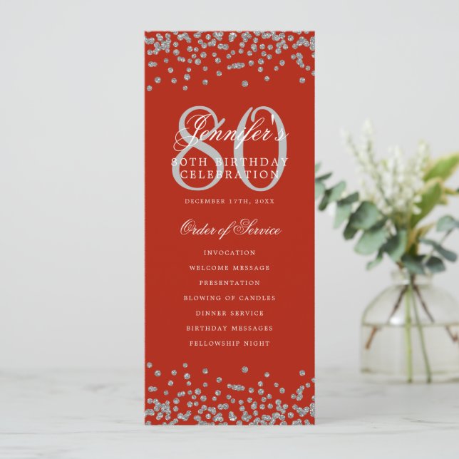 80th Birthday Program Thanks Silver Red  Invitation (Standing Front)